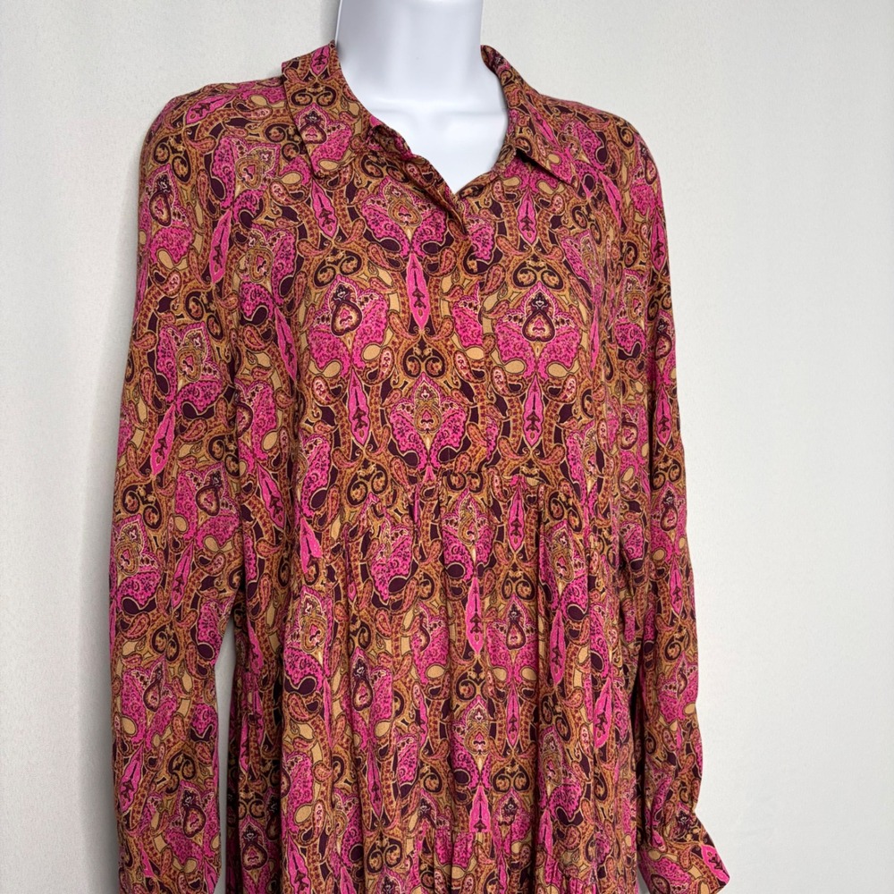 A Loves A Womens Paisley Tiered Maxi Dress Pink Tan Long Sleeve Button Front S
